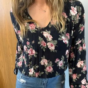 Abercrombie and Fitch navy and pink floral cropped long sleeve blouse
